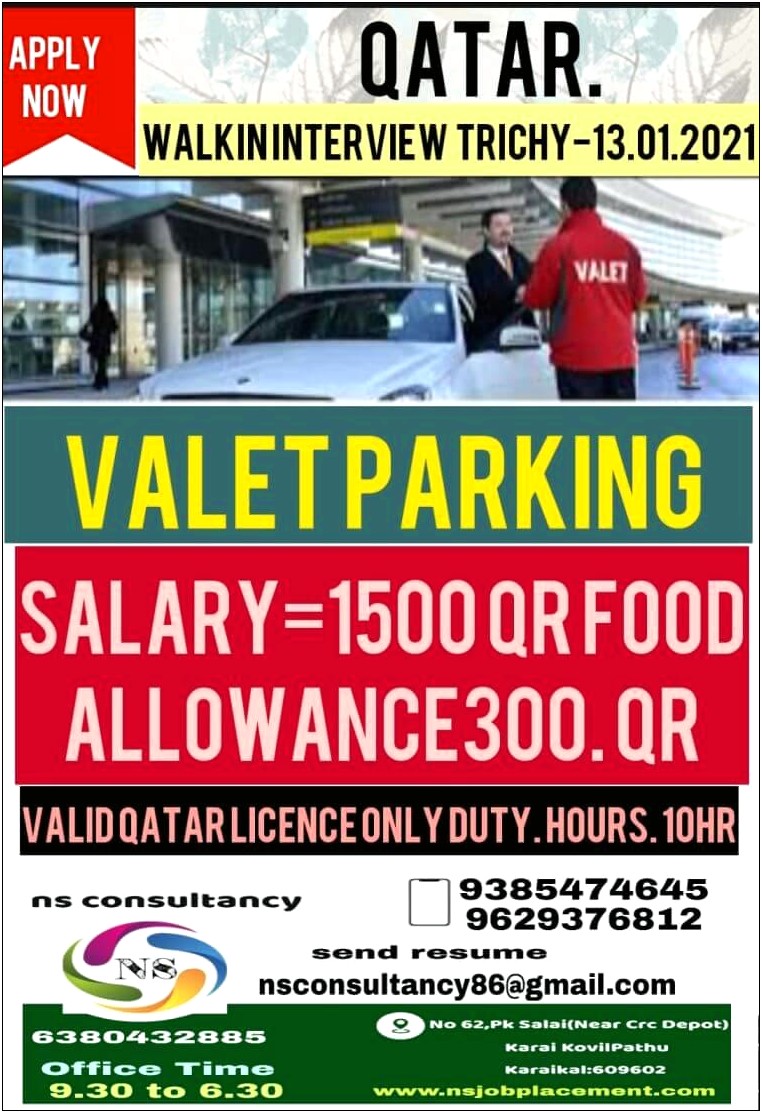 Valet Parking Attendant Job Resume