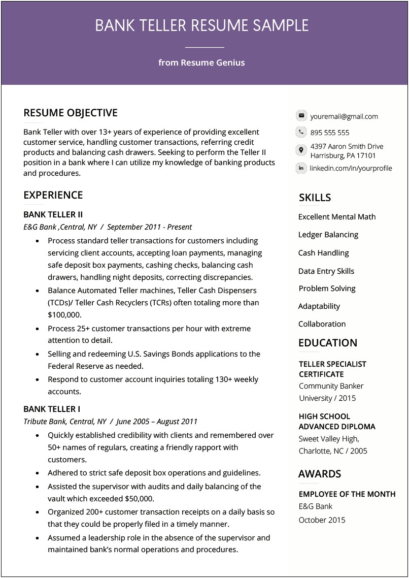 Vault Teller Job Description Resume