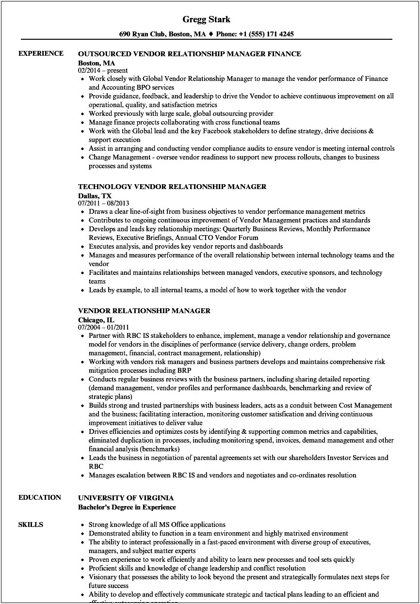 Vendor Management Analyst Resume Description
