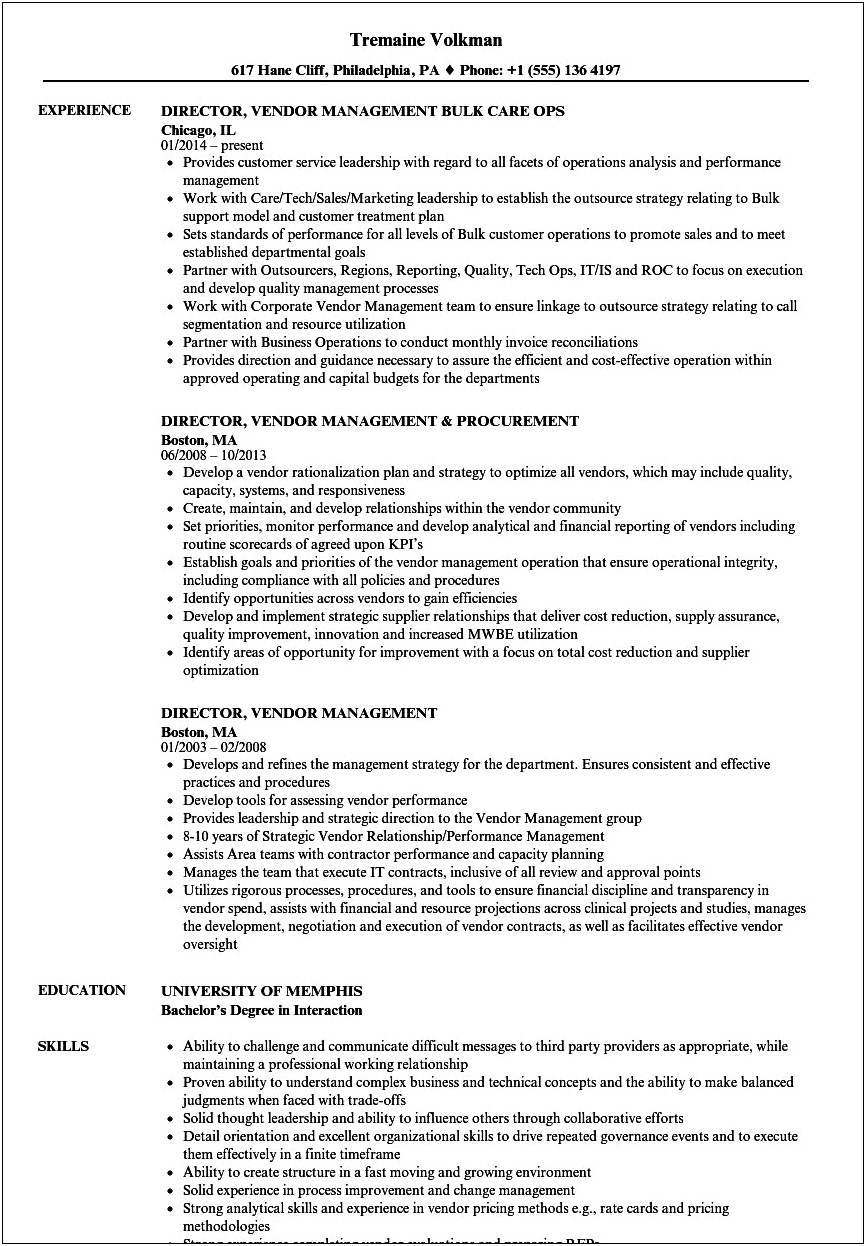 Vendor Management Job Description Resume
