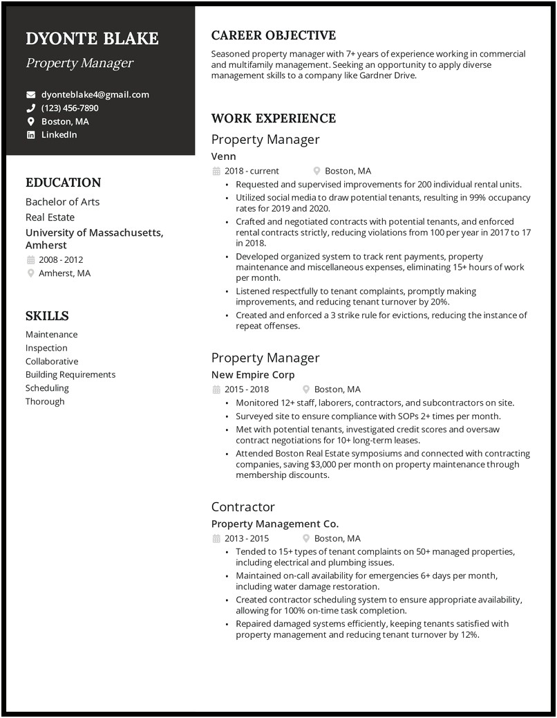Verbage For Property Manager Resume