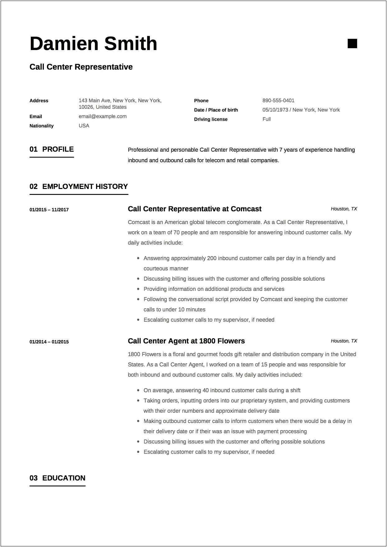 Verizon Call Center Resume Examples