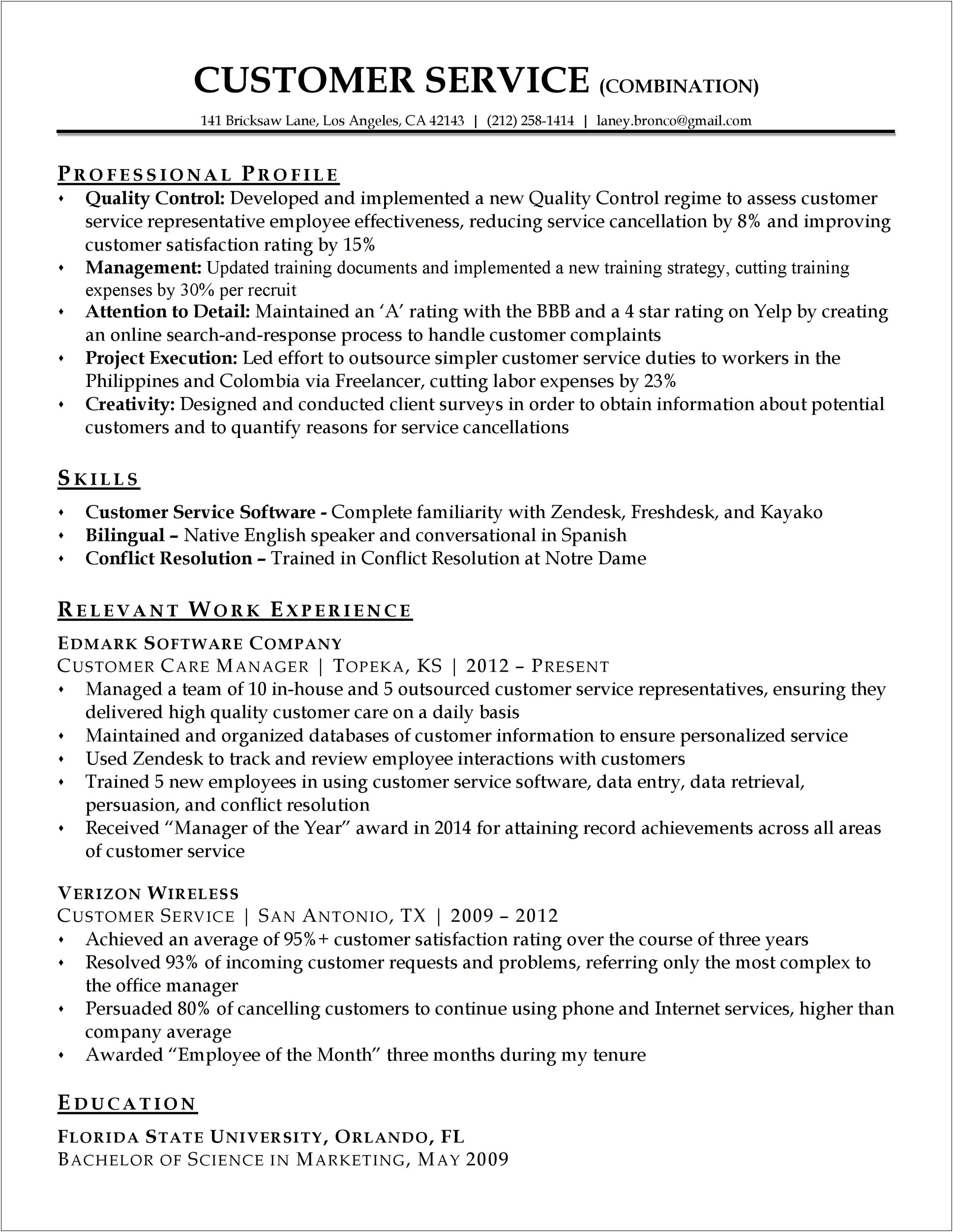 Verizon Field Technician Resume Example