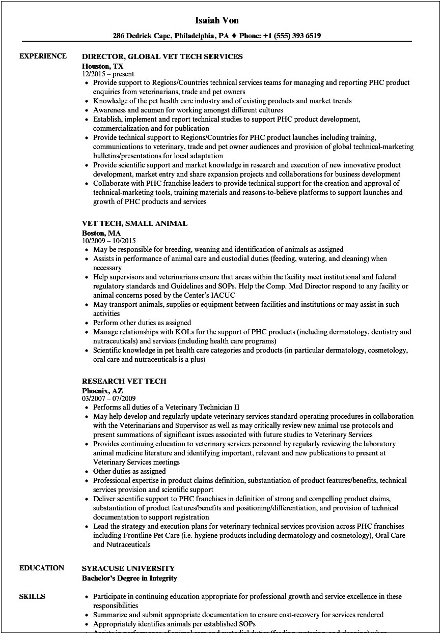 Vet Technician Job Description Resume