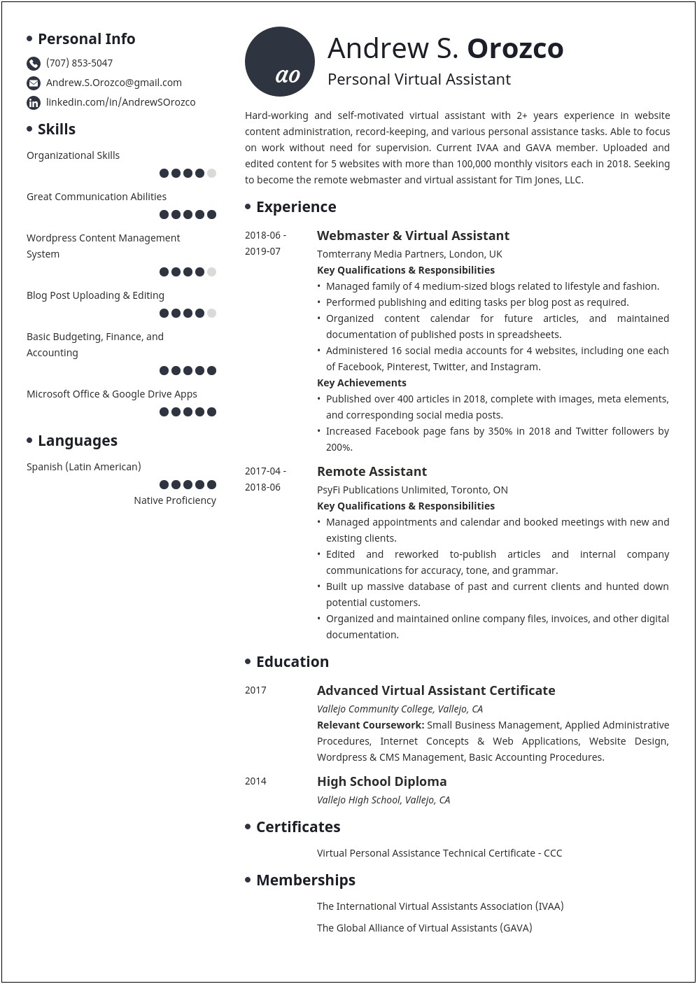 Virtual Assistant Objective Resume Sample