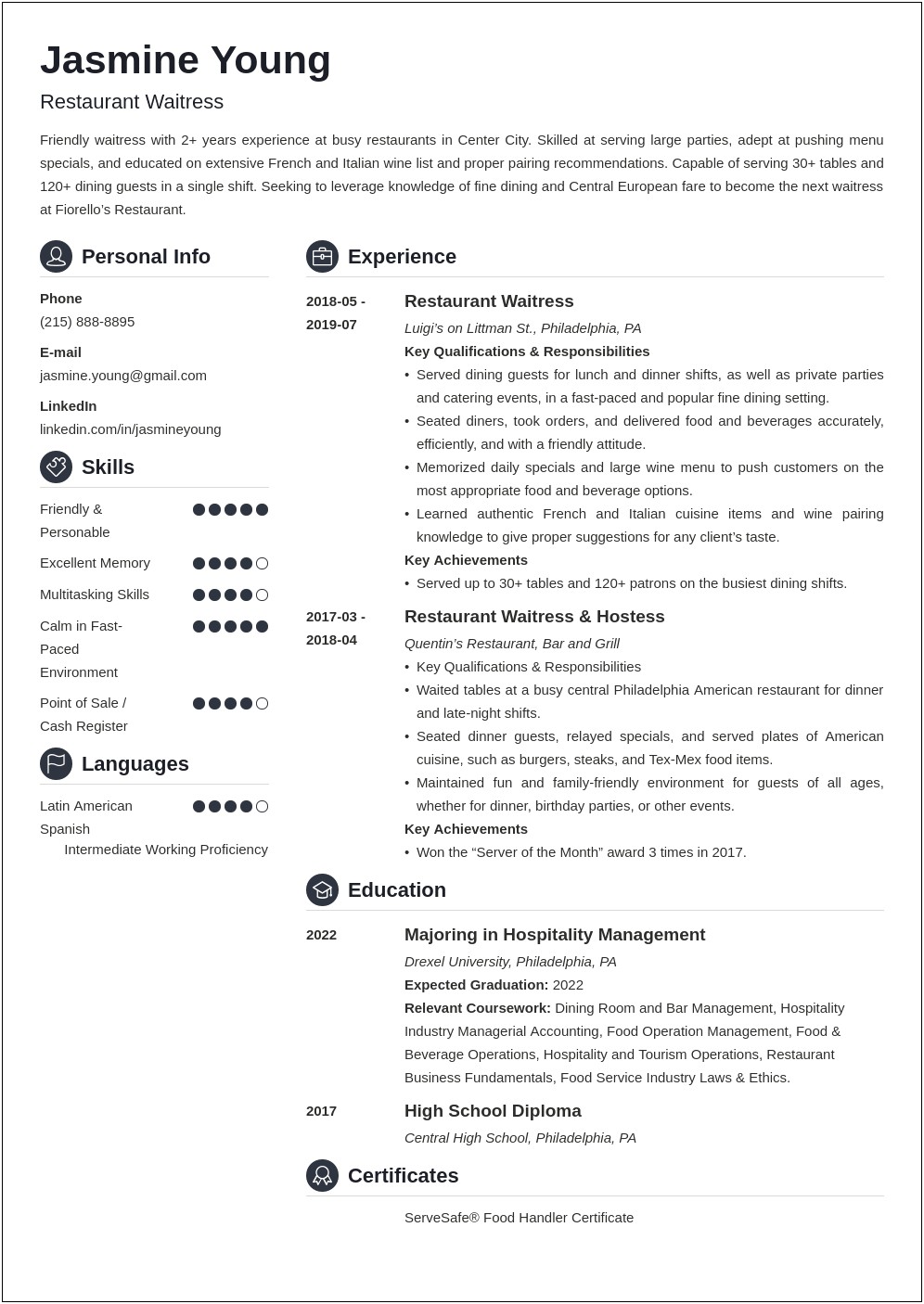Waiter Resume Sample With Experience