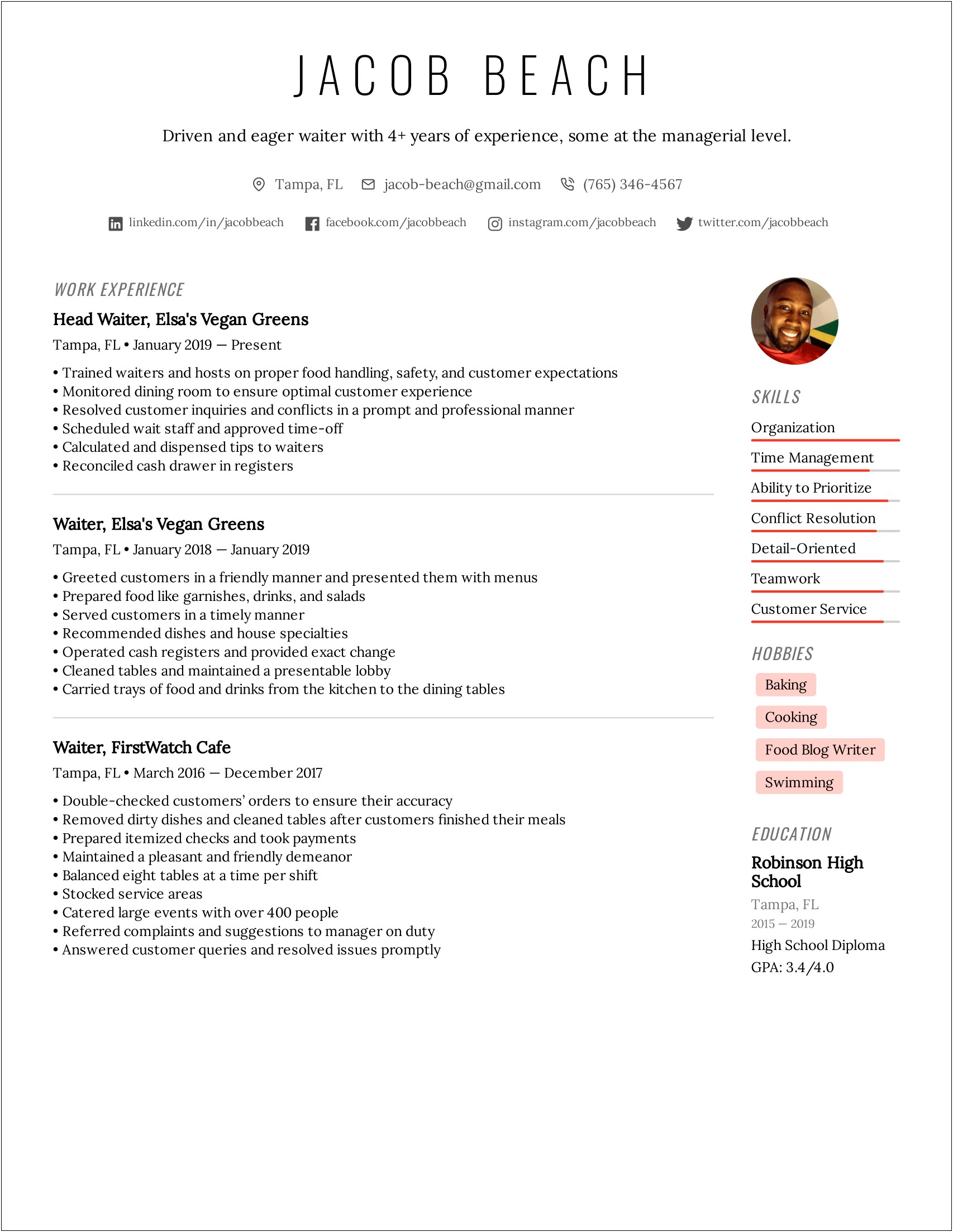 Waiter Waitress Job Description Resume