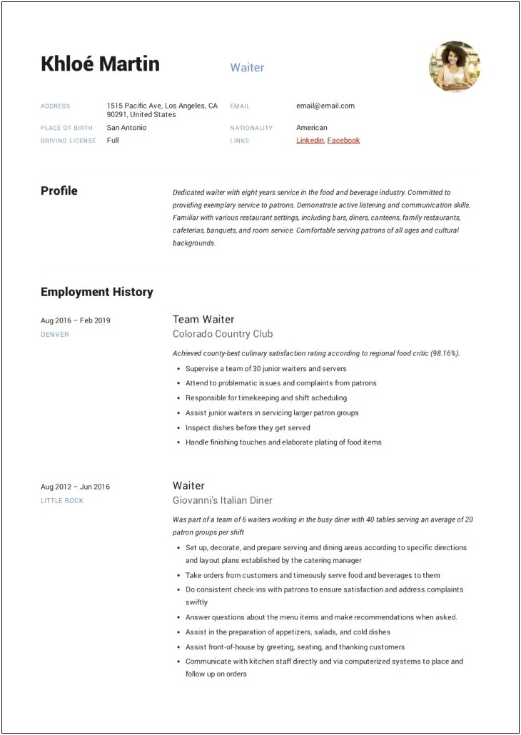 Waitress Job Description Sample Resume