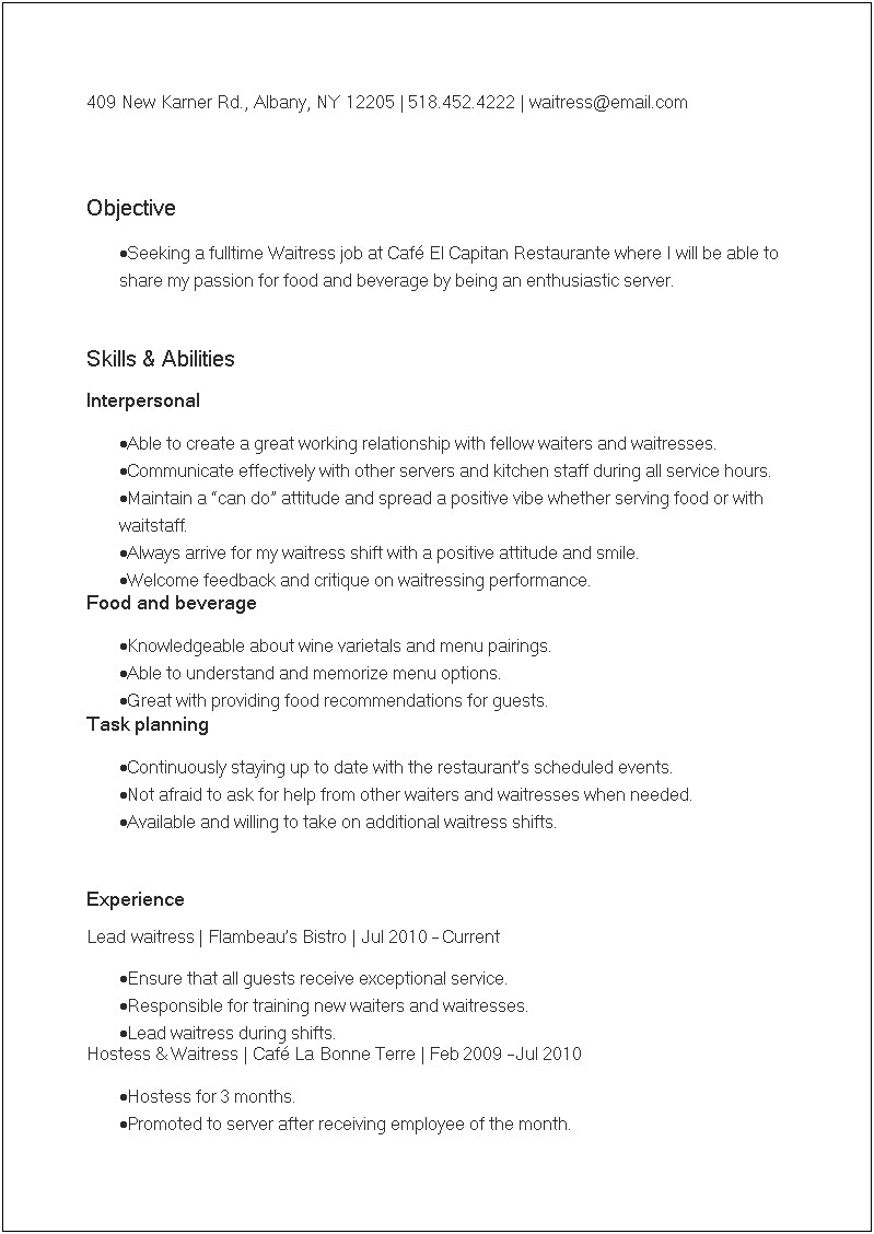 Waitressing Host Resume Experiece Examples