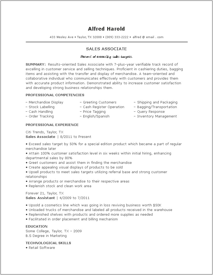 Walmart Apparel Associate Job Resume