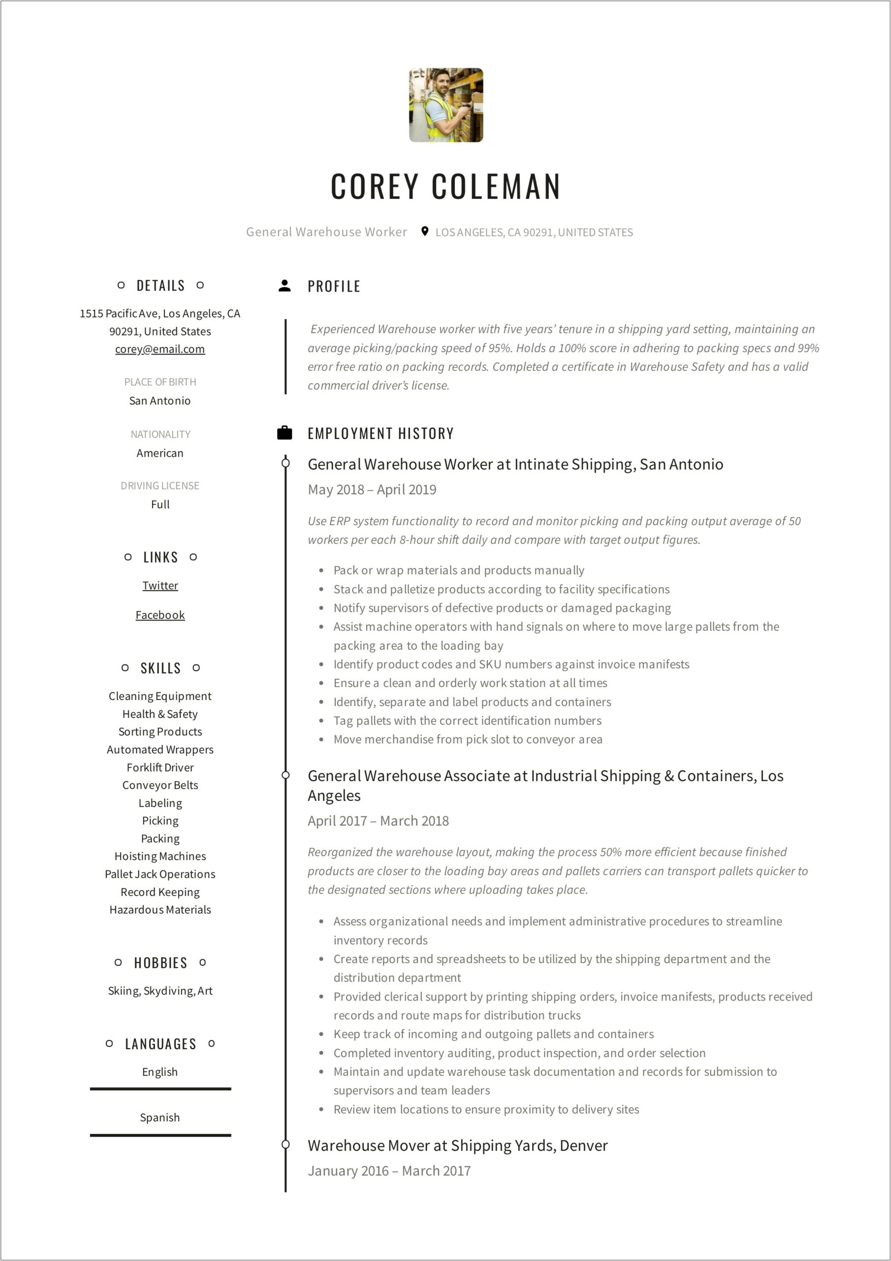 Warehouse Assembler Job Description Resume
