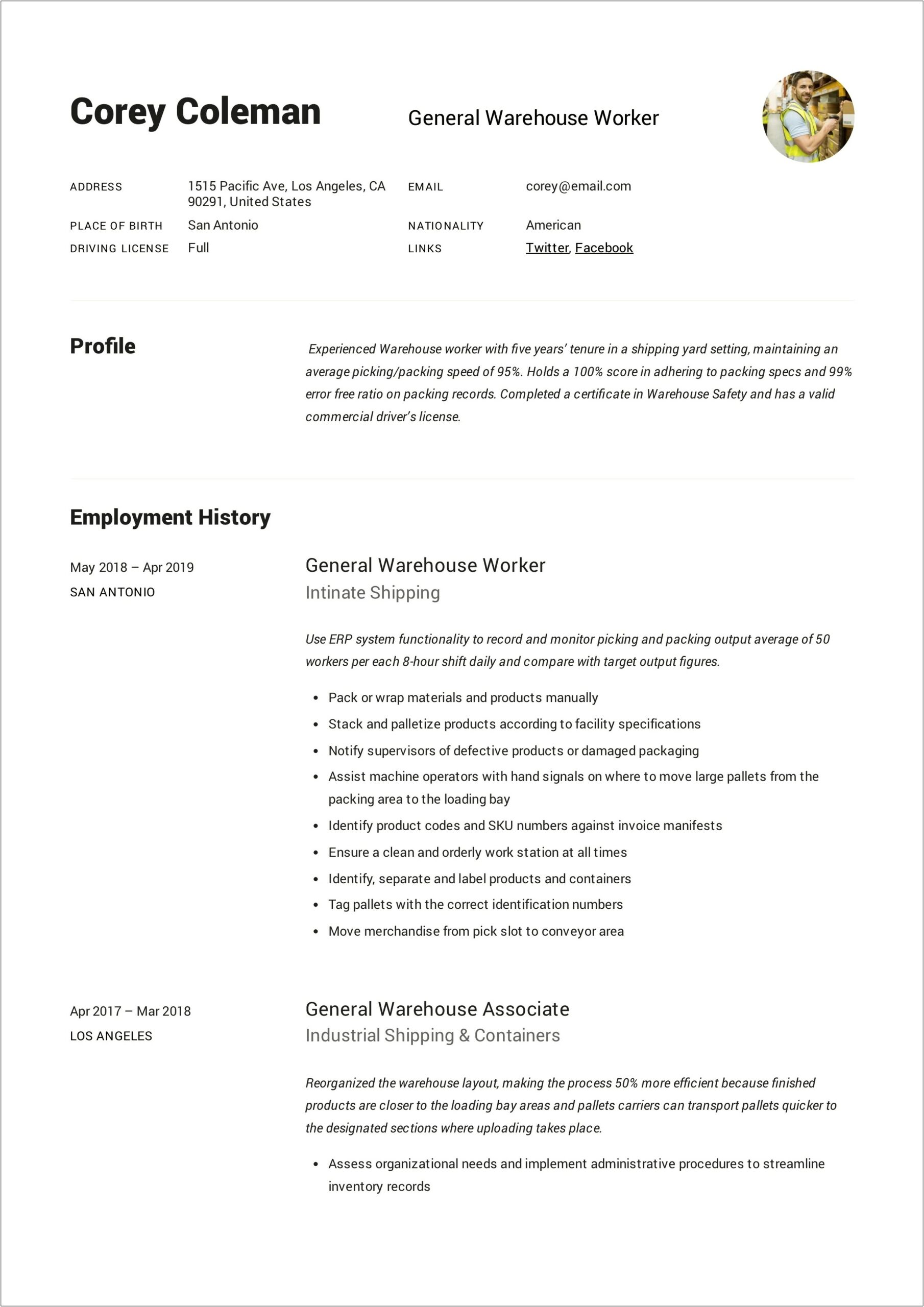 Warehouse Employee Job Description Resume