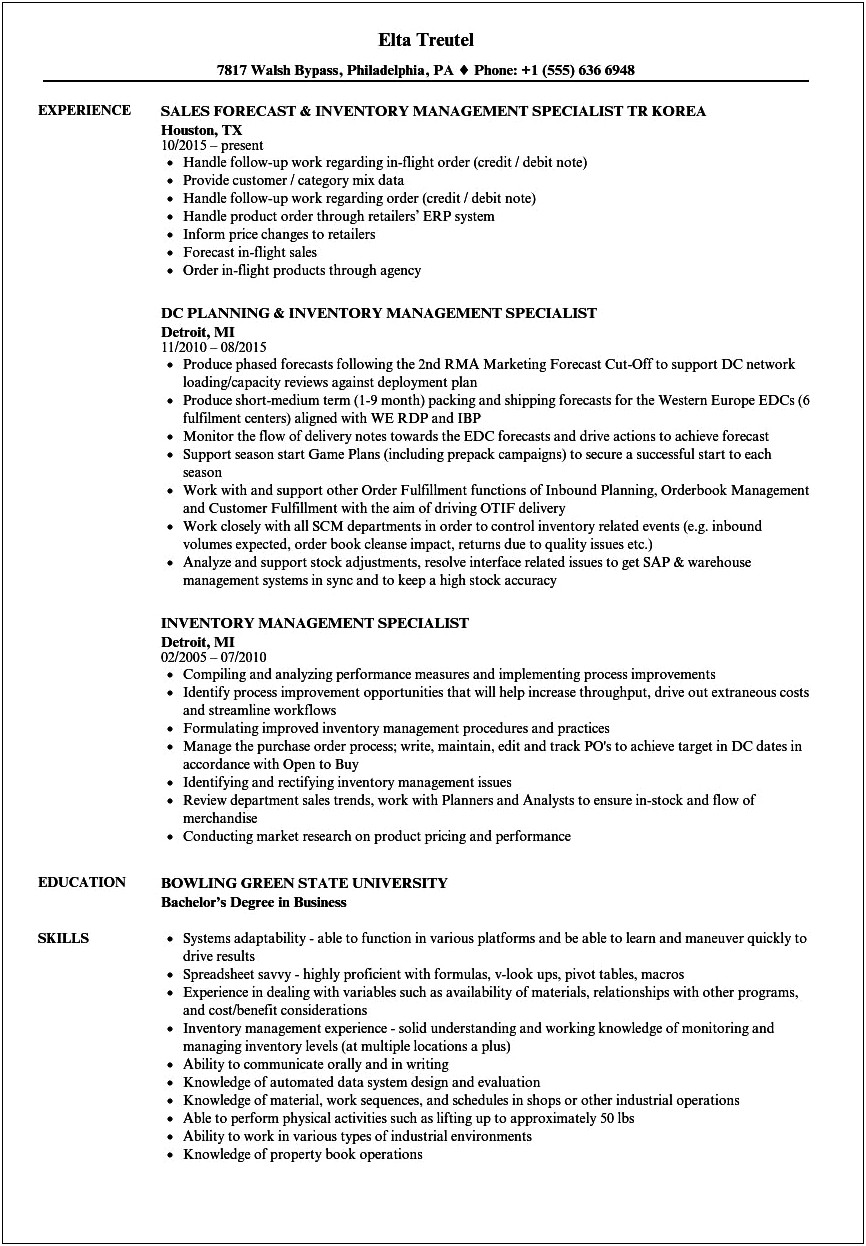 Warehouse Inventory Specialist Resume Sample