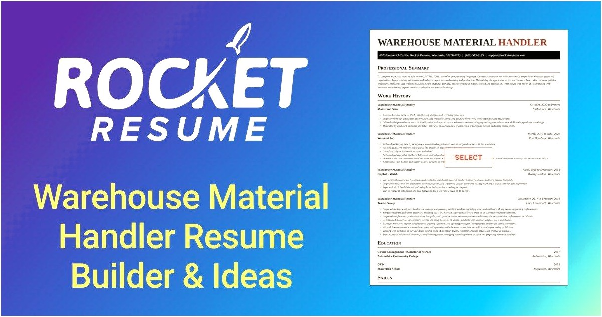 Warehouse Material Handler Resume Example