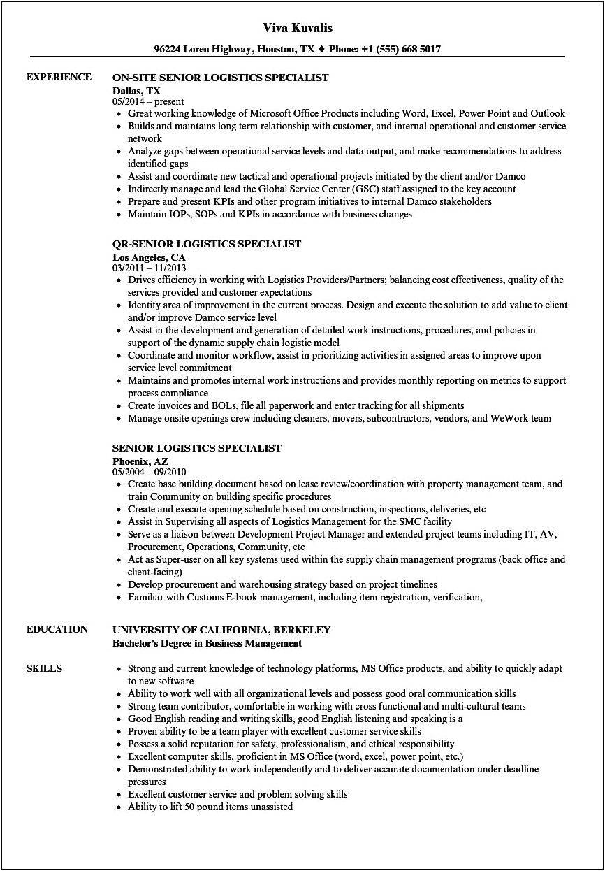 Warehouse Operations Specialist Resume Sample