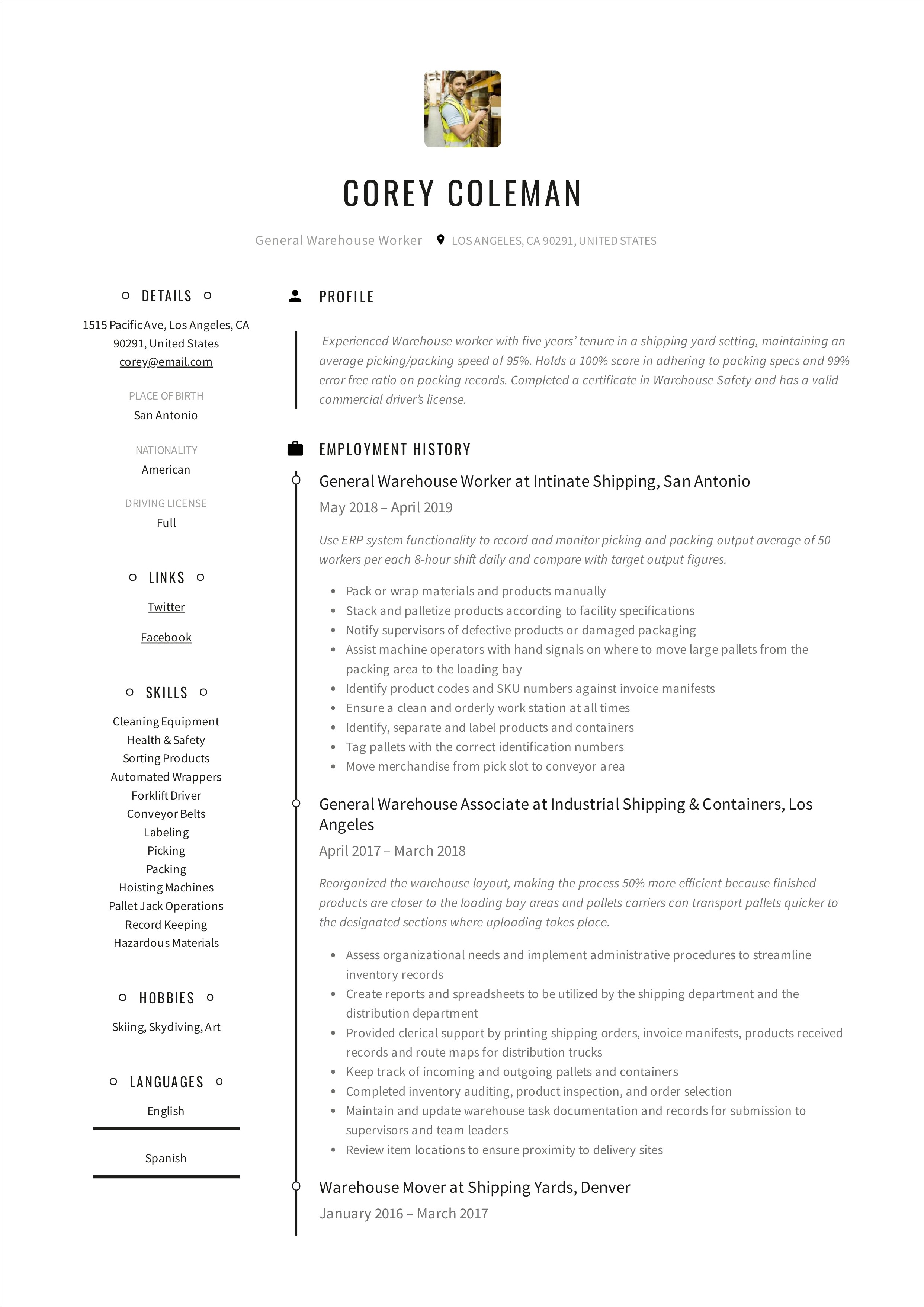 Warehouse Resume Templates Free Download