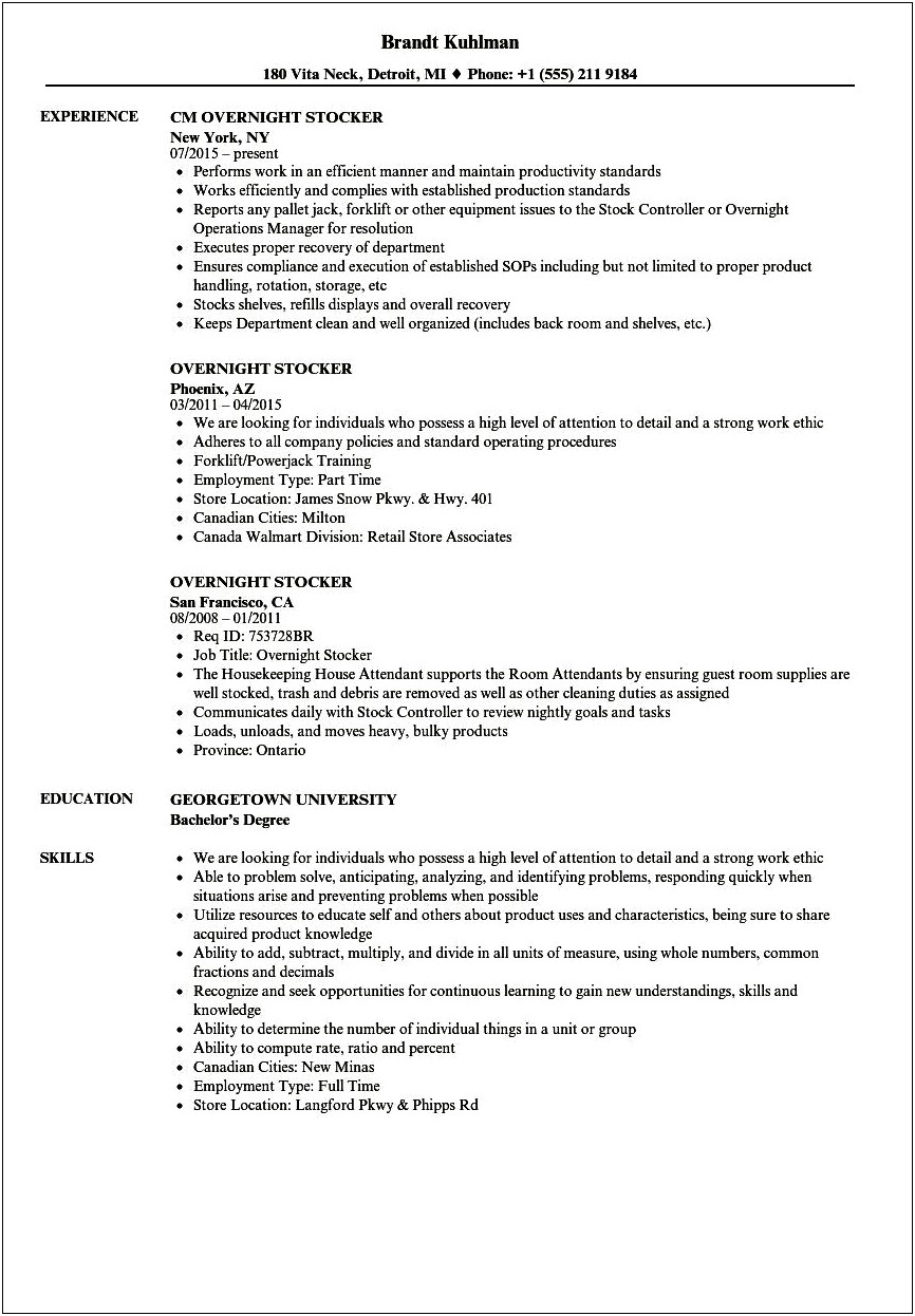 Warehouse Stocker Job Description Resume