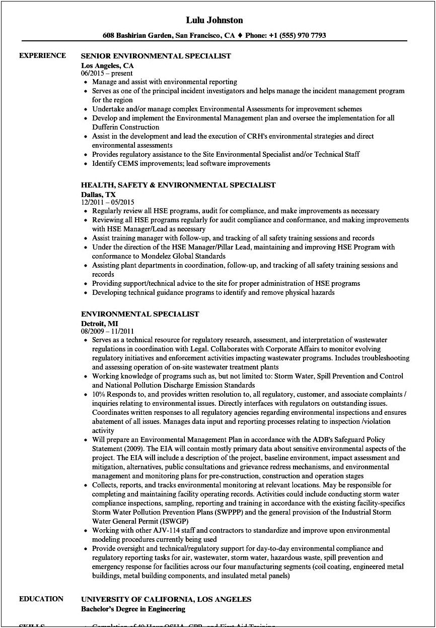 Water Quality Specialist Resume Sample