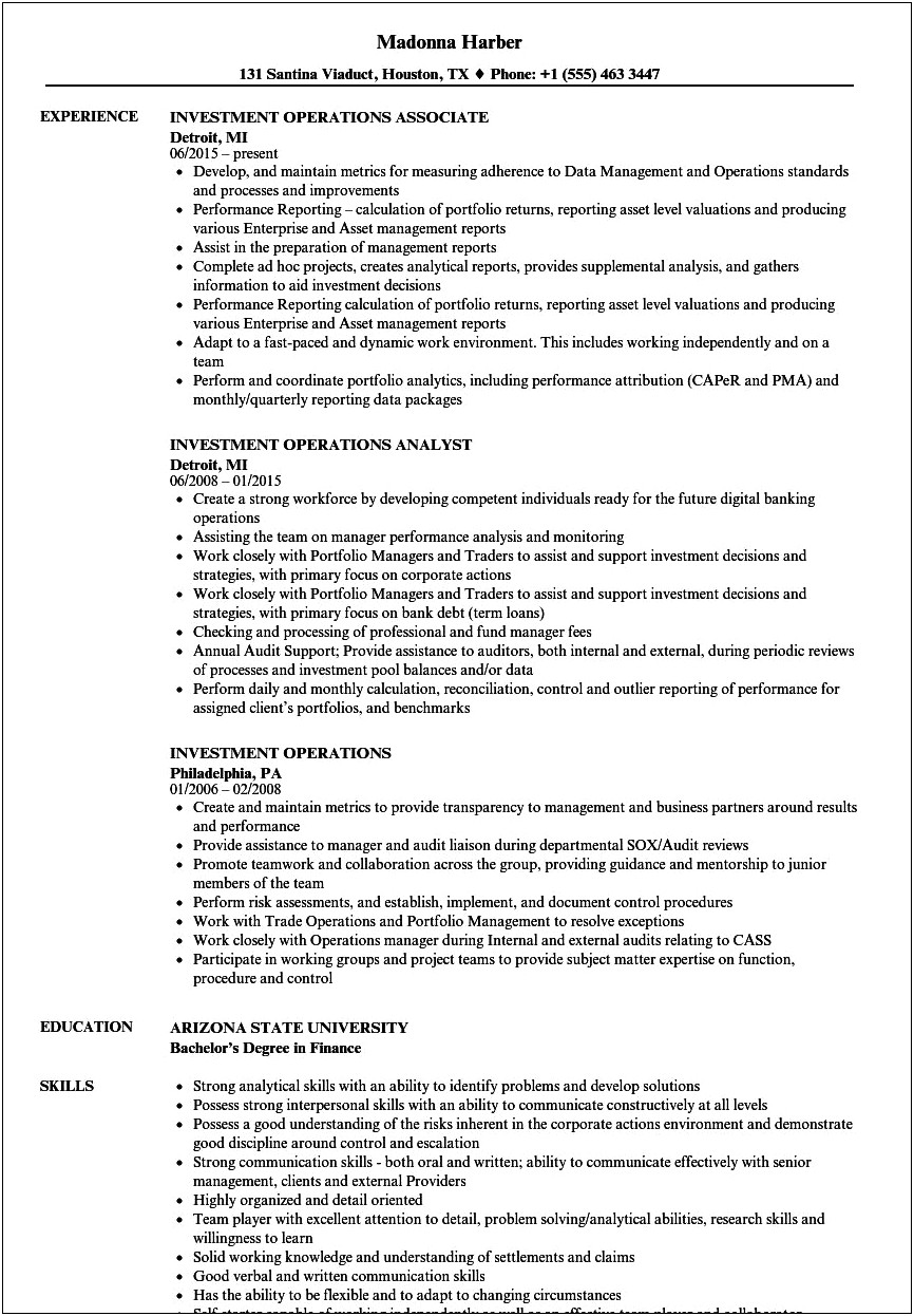 Wealth Management Operations Executive Resume