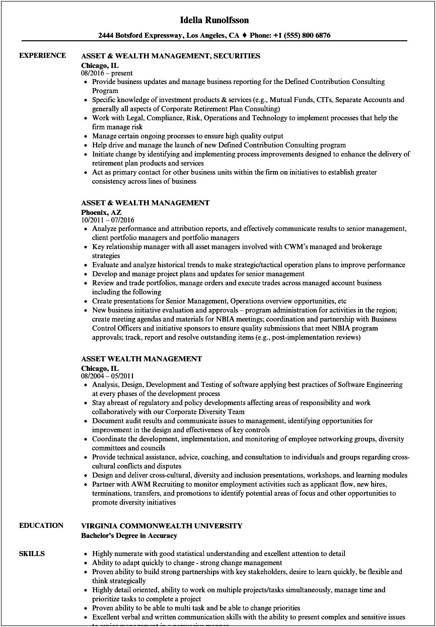 Wealth Managment Business Analyst Resume