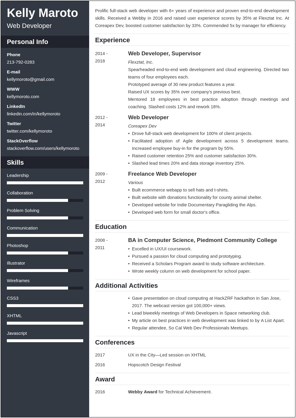 Web Developer Resume Profile Examples