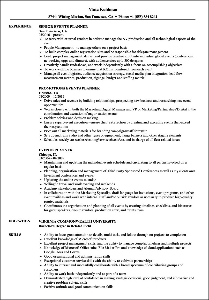Wedding Planner Resume Objective Examples