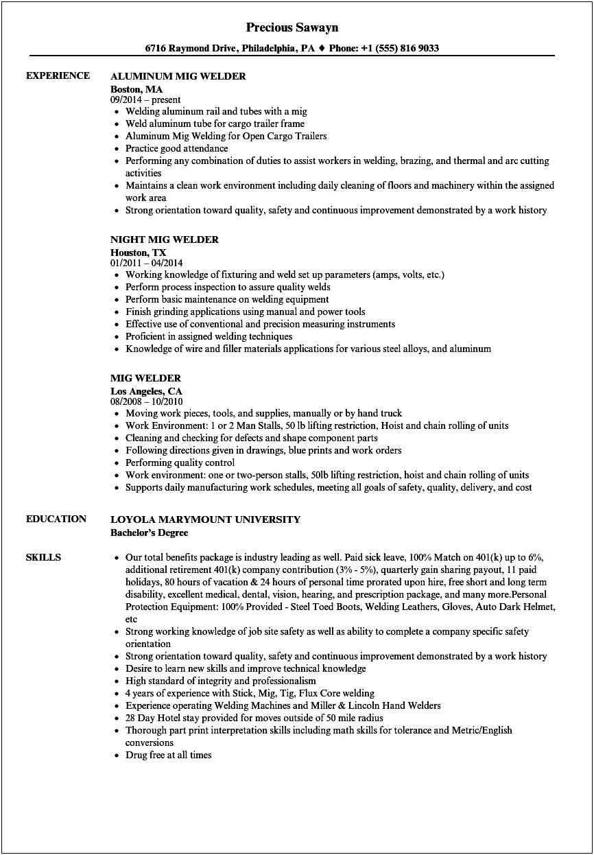 Welder Job Description Resume Sample