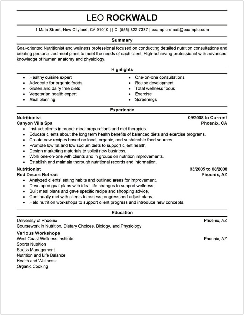Wellness Nutrtion Specialist Sample Resume