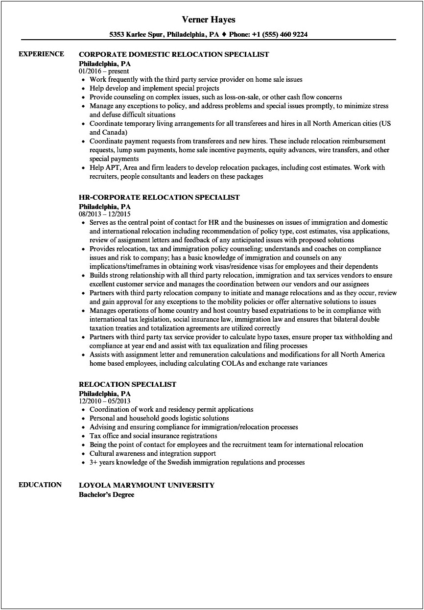 Willing To Relocate Resume Sample
