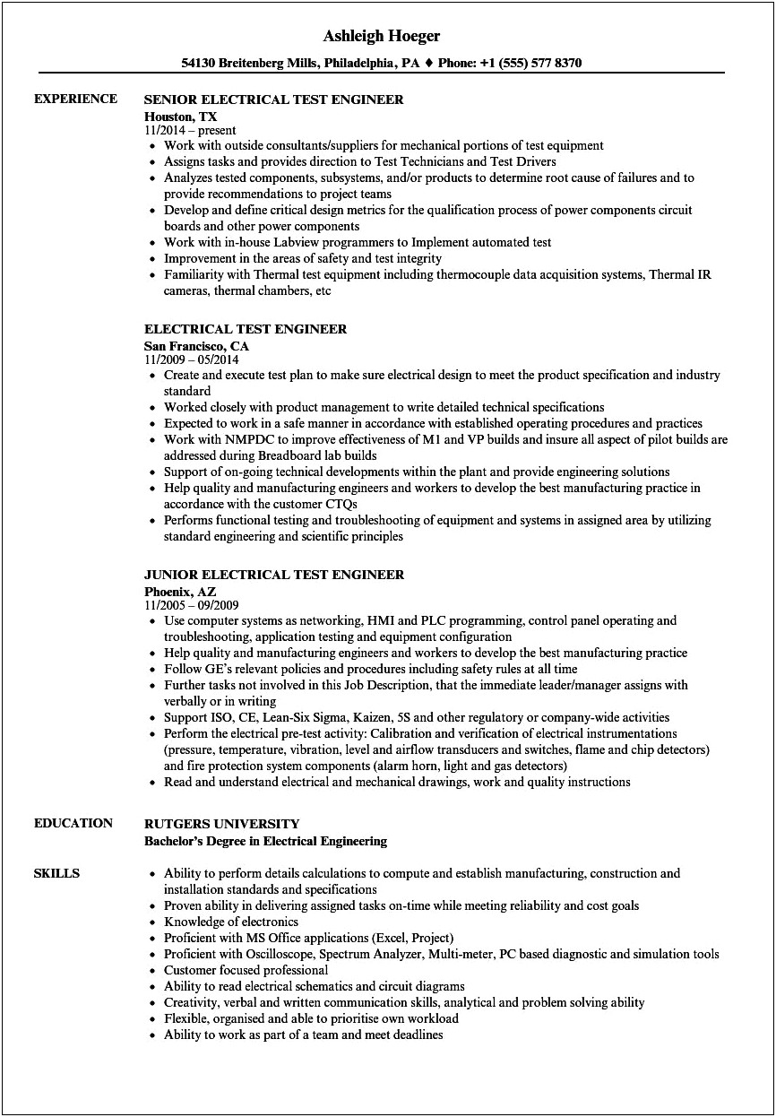 Wire Harness Engineer Resume Examples