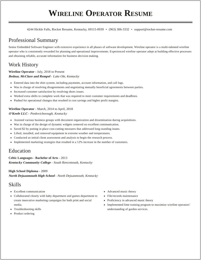 Wireline Operator Job Description Resume