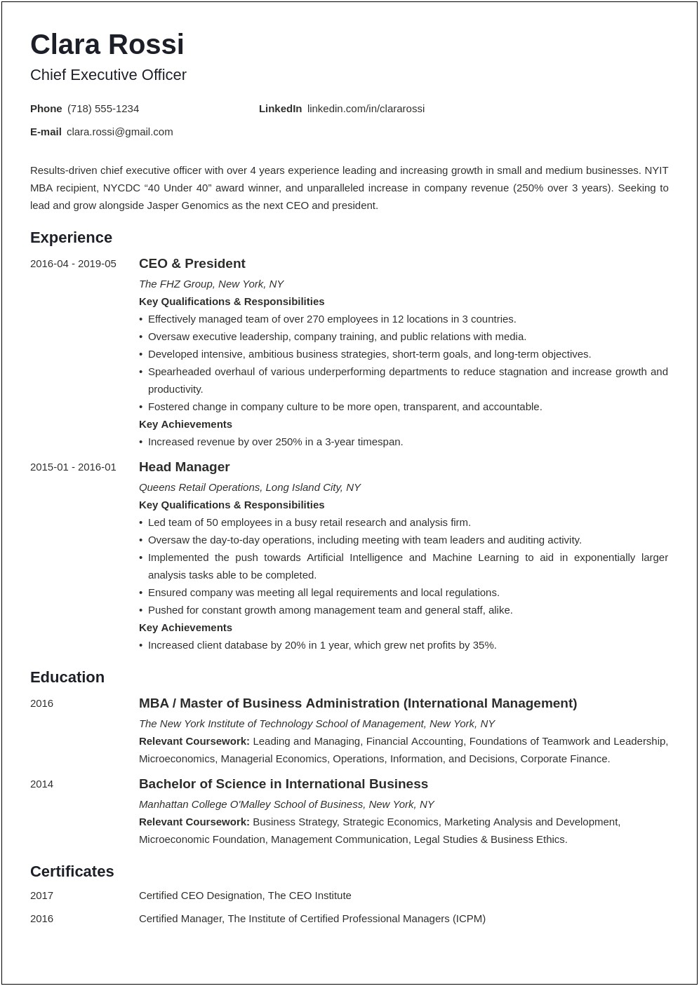Word Ceo Resume Templates Free
