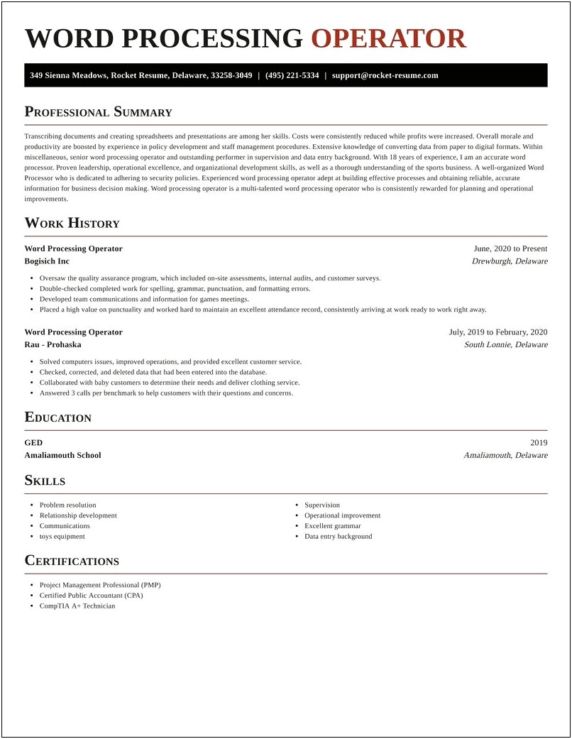 Word Processing Job Description Resume