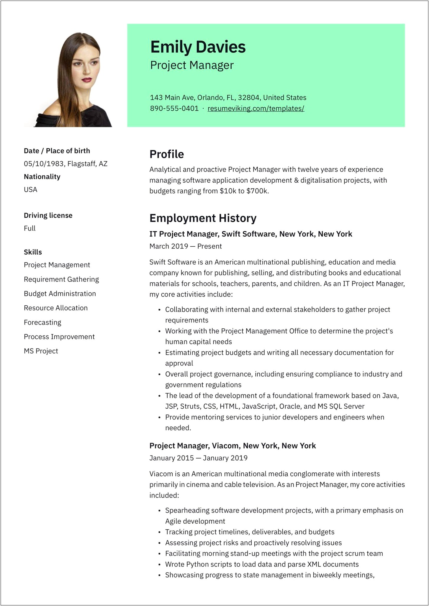 Words In Project Management Resume