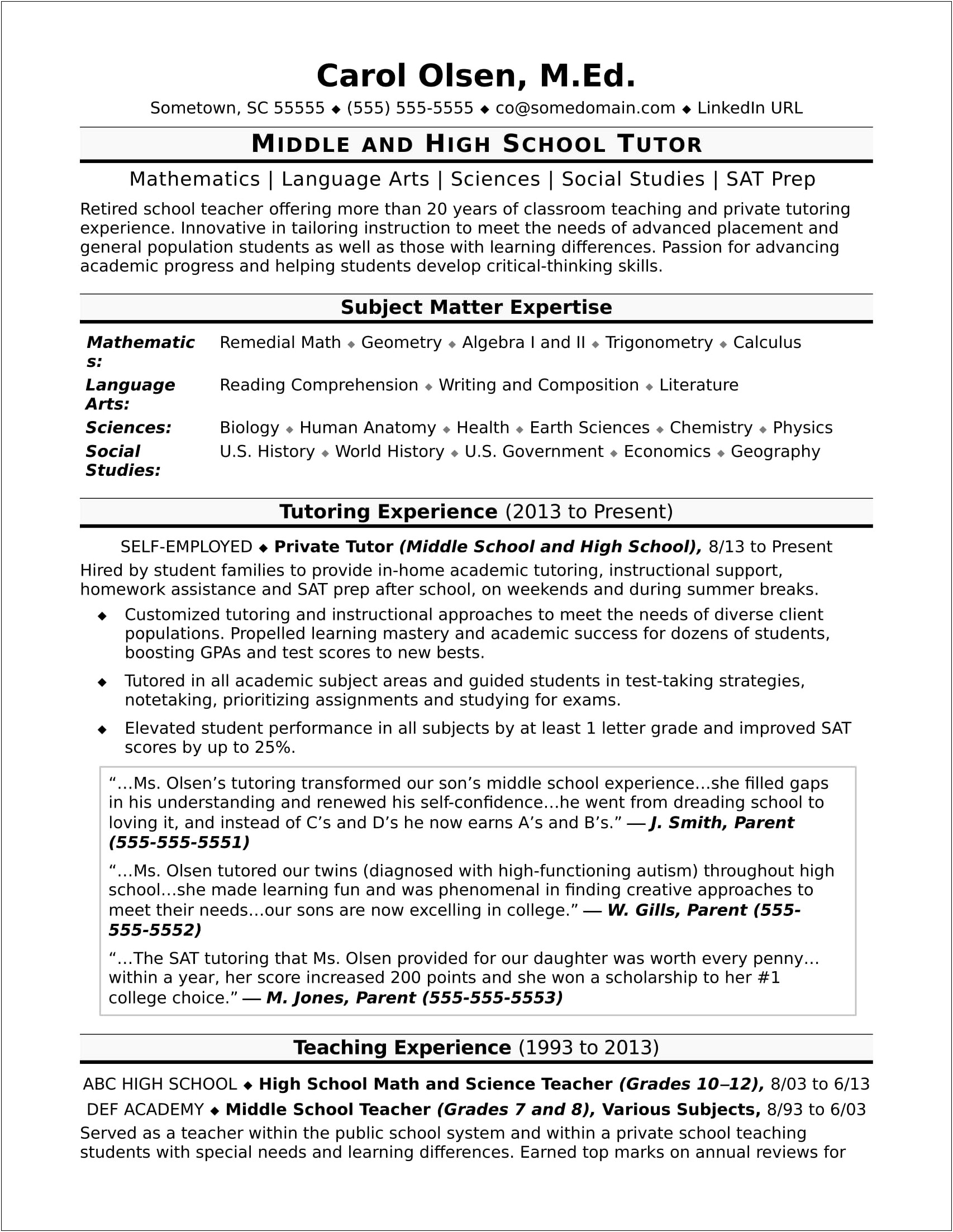 Workafter School Tutoring Resume Examples