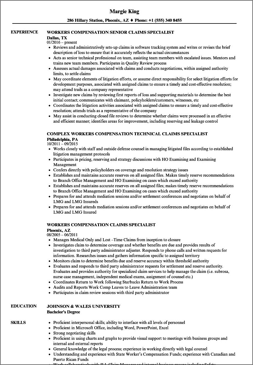 Workers Compensation Claims Manager Resume