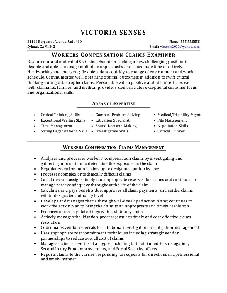 Workers Compensation Specialist Sample Resume