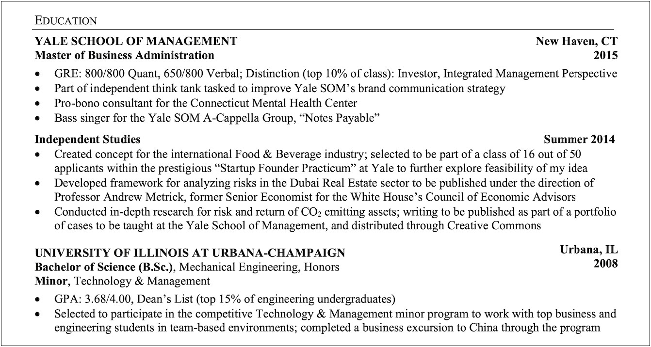 Yale School Of Management Resume