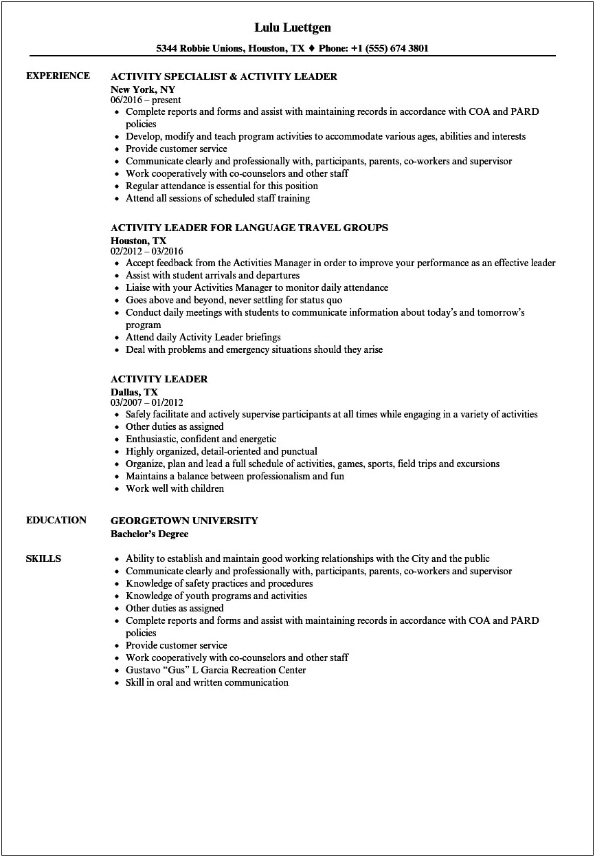 Youth Group Leader Resume Sample