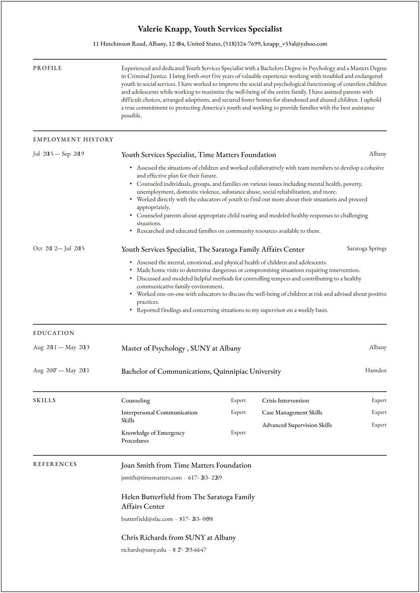 Youth Outreach Specialist Sample Resume