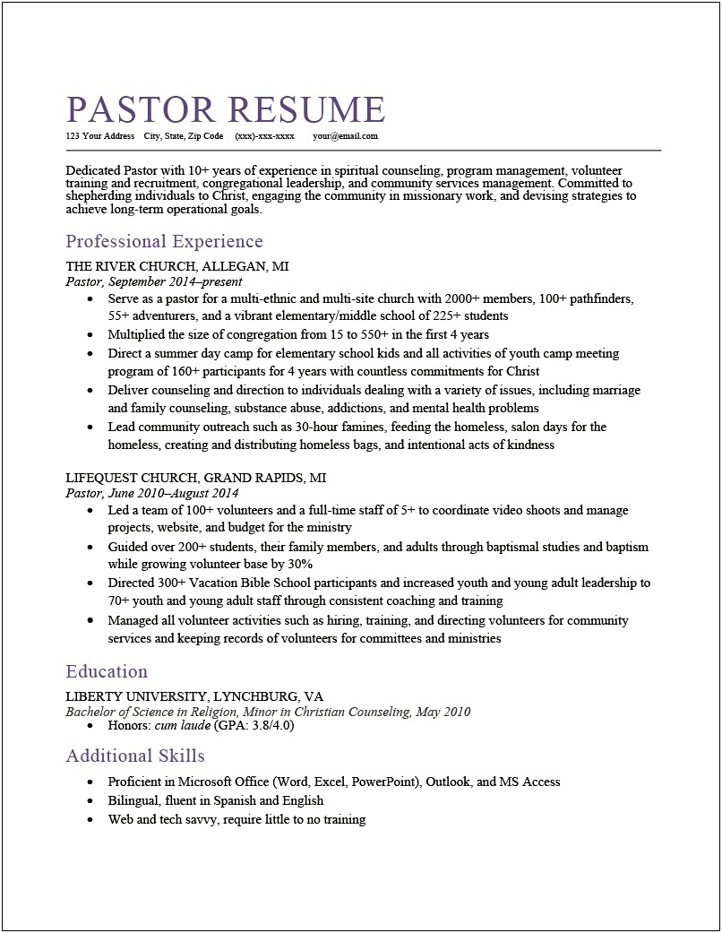 Youth Pastor Resume Sample Professional
