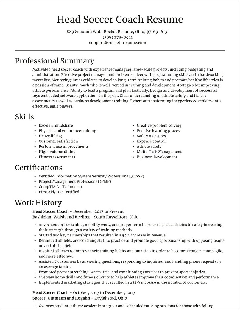 Youth Soccer Coach Resume Example