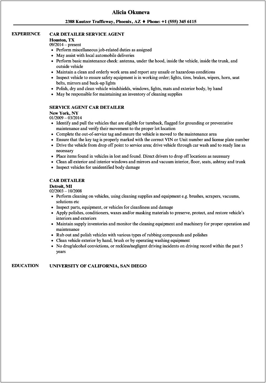 Zodiac Detailer Resume Job Description