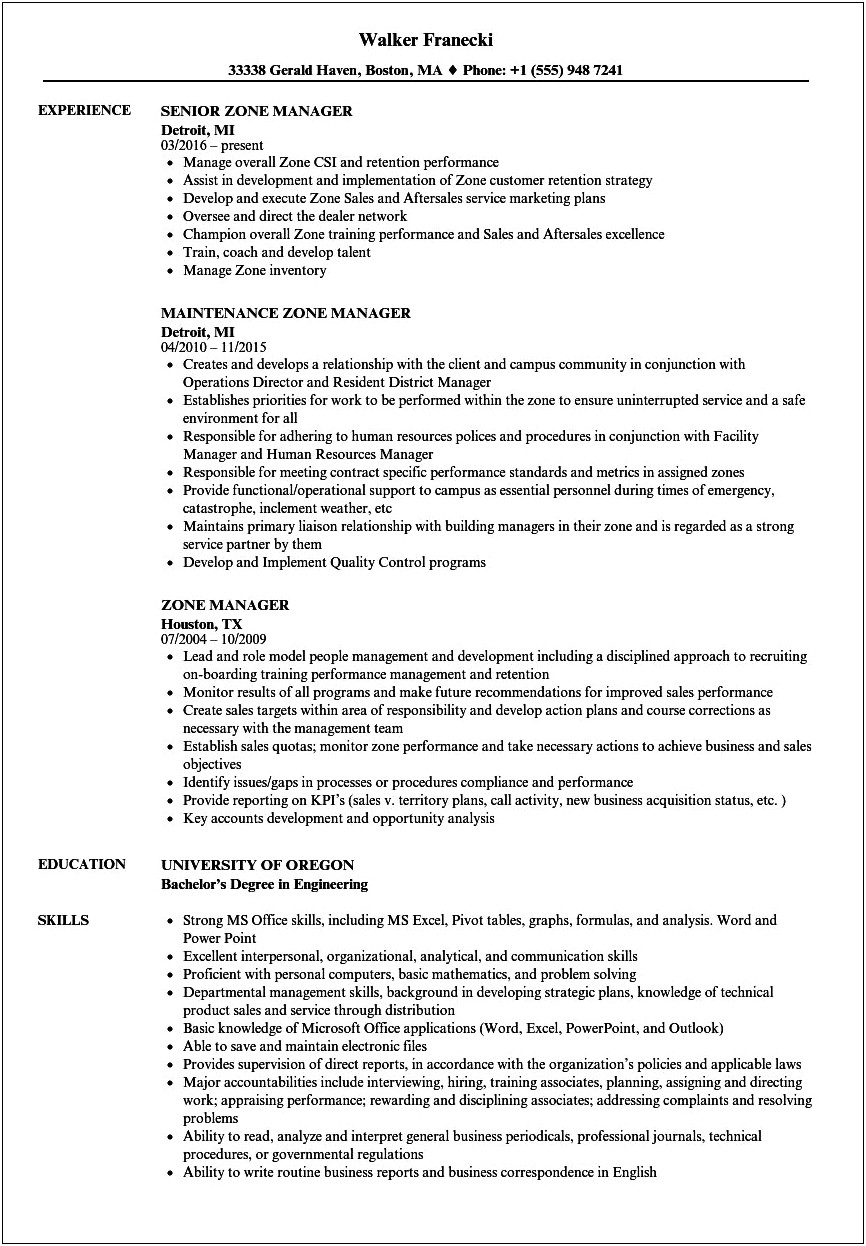Zone In Charge Resume Sample