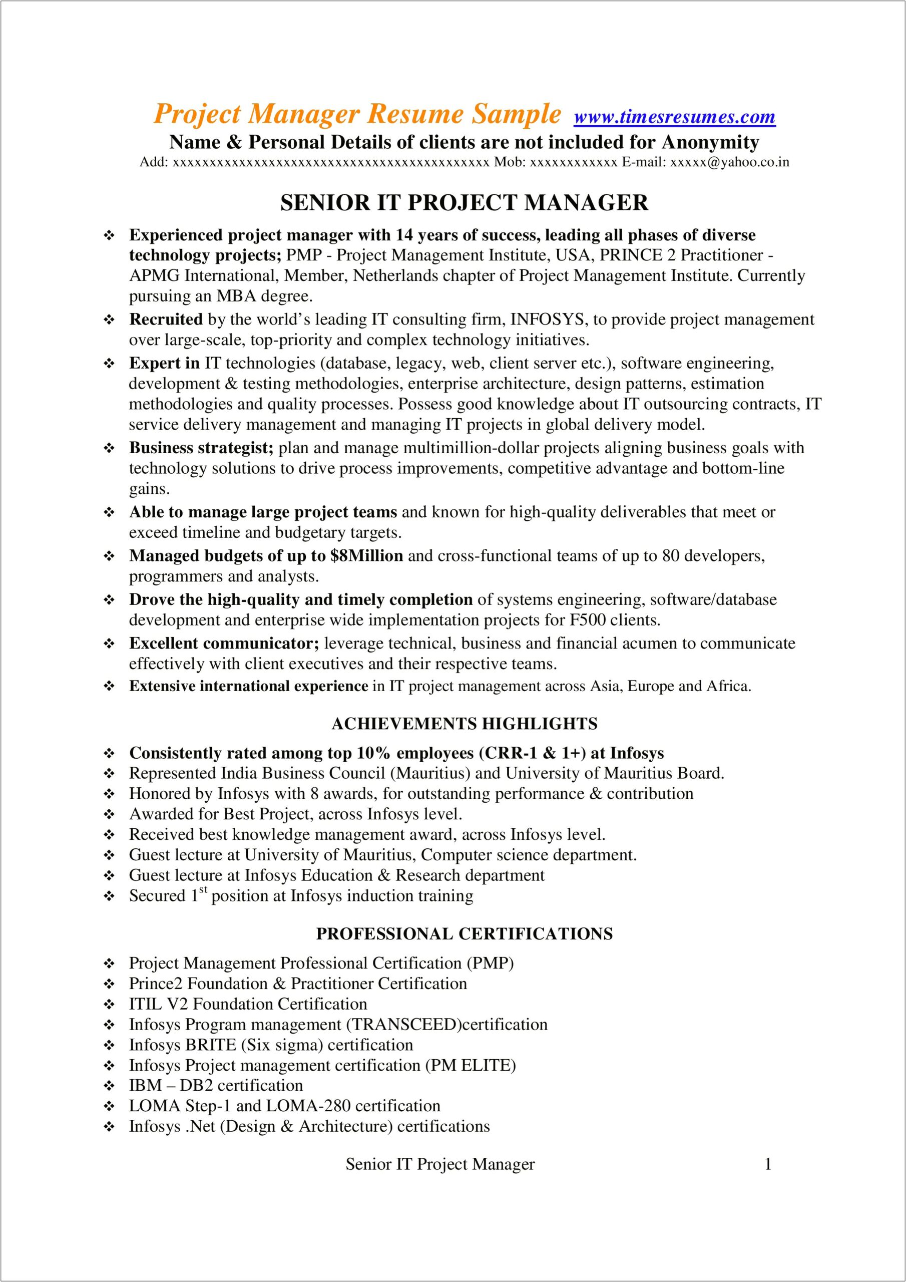 ﻿it Project Manager Resume Template Free Download