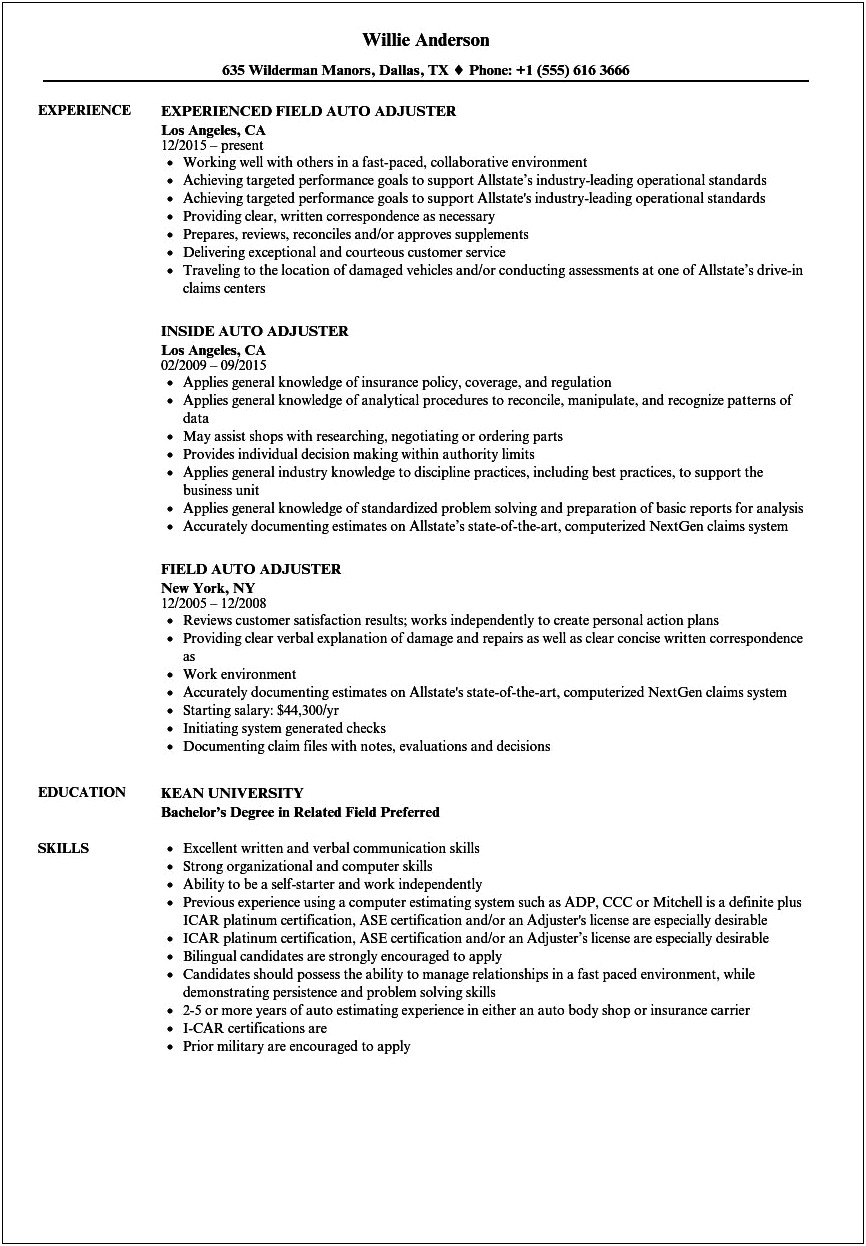 Sample Resume For All Claims Adjusters