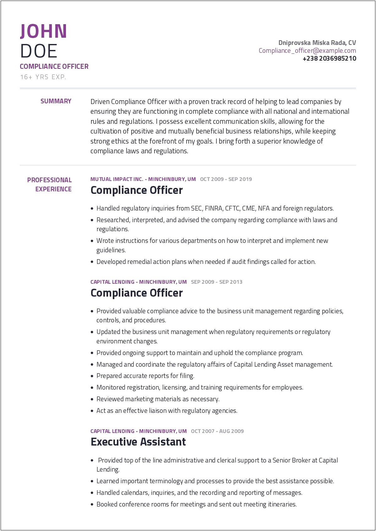 Sample Resume For Aml Compliance Officer