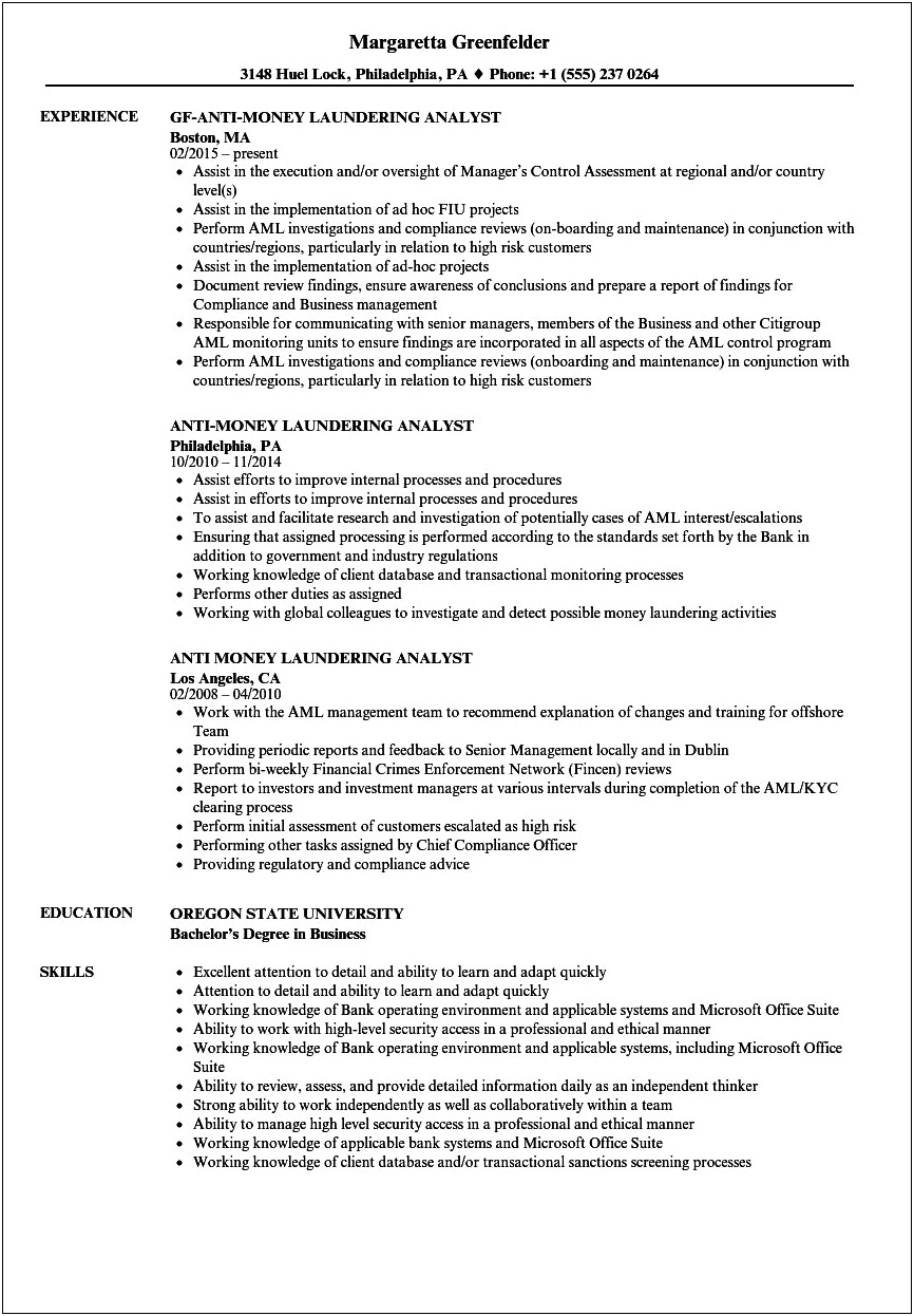 Sample Resume For Aml Kyc Analyst