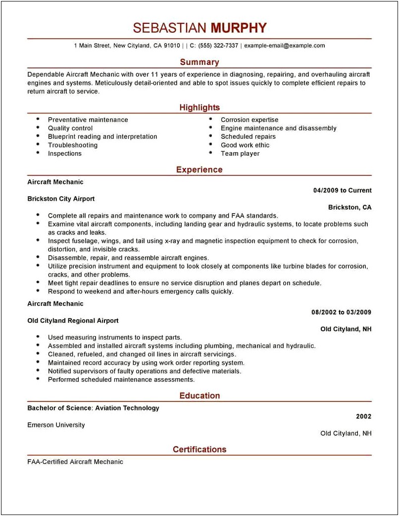 Sample Resume For An Auto Mechanic