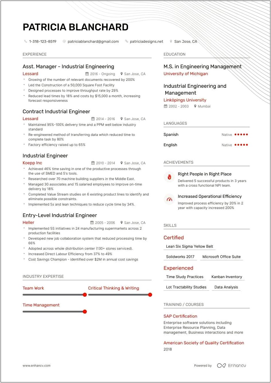Sample Resume For An Entry Level Industrial Engineer